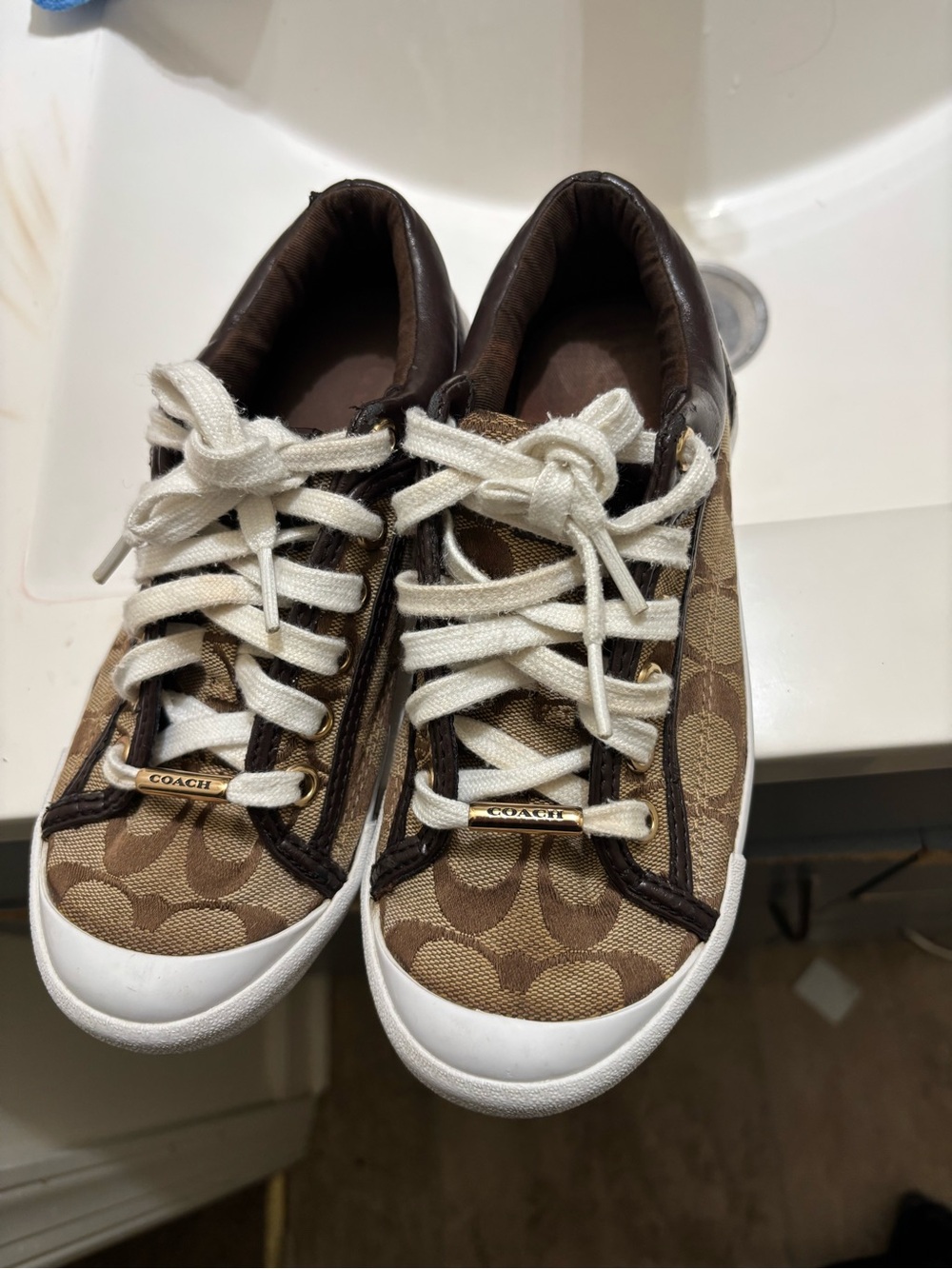 Coach Brown Signature Canvas Low-Top Sneakers with White Laces